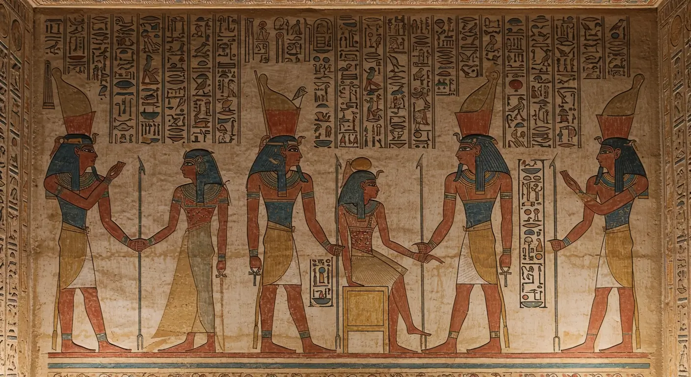 Tombeau de Ramsès V-VI Panneau du Livre des Portes représentant une divinité solaire assise entre quatre dieux debout tenant des ankhs et des bâtons sous des inscriptions hiéroglyphiques.